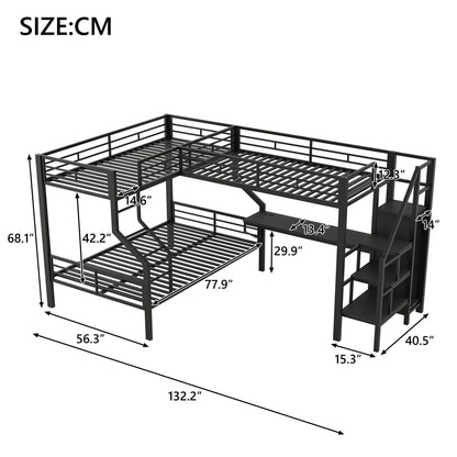 Twin Over Full L Shaped Bunk & Loft Bed With Built-In Wardrobe, Desk, And USB Ports - Black