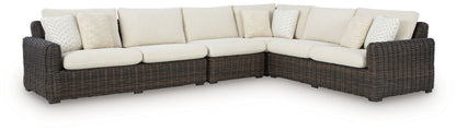 Kimora - 4 Pc. - 4-Piece Outdoor Sectional, Swivel Glider Lounge, Cocktail Table, End Table - Beige / Dark Brown