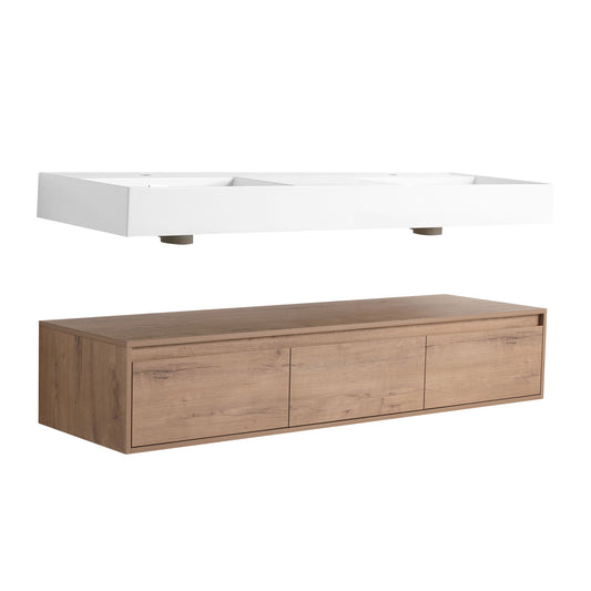 Contemporary Wall Mounted Bathroom Vanity With Dual Resin Sink And Soft Close Drawer
