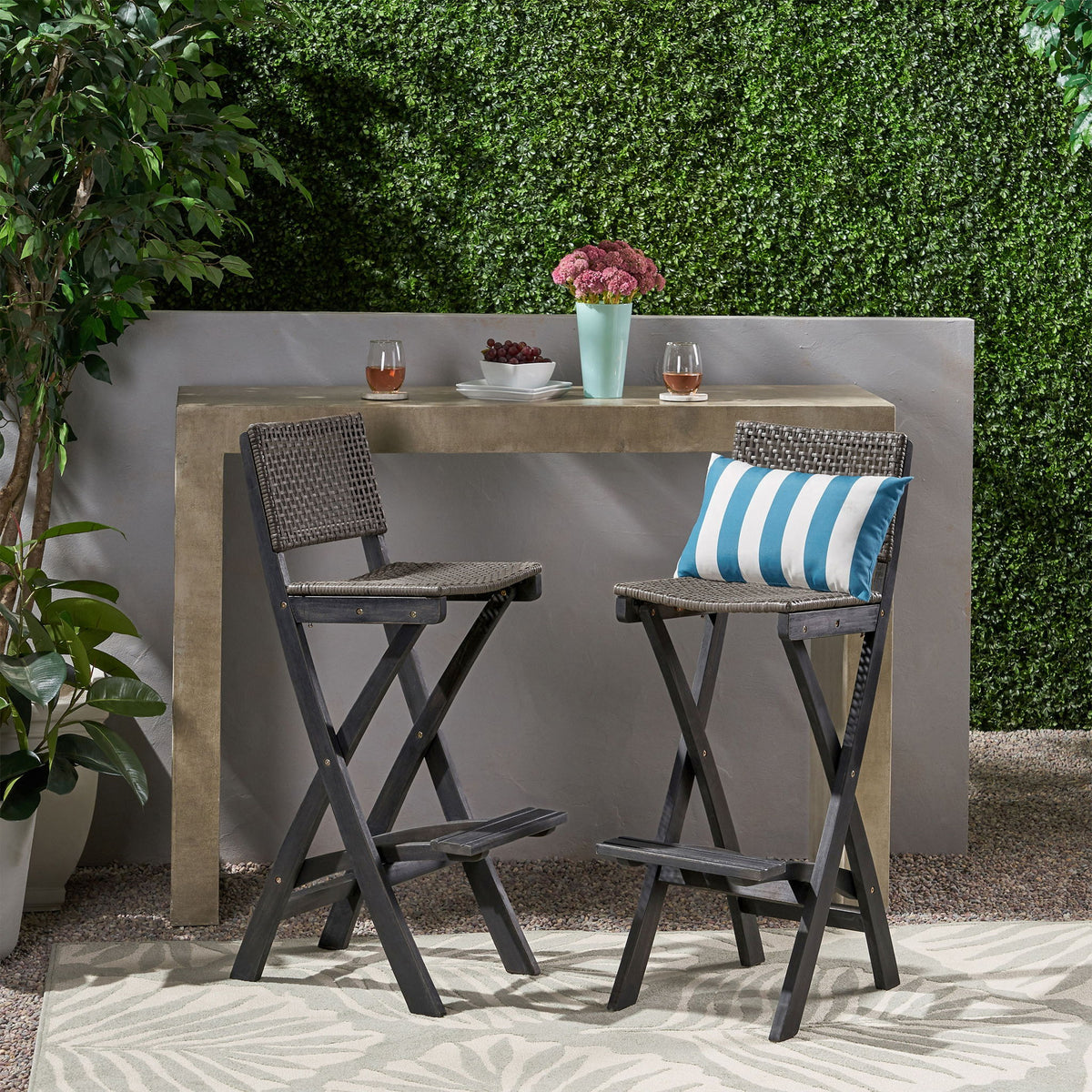 Outdoor Folding Acacia Wood Barstools With Rattan Backrest And Seat