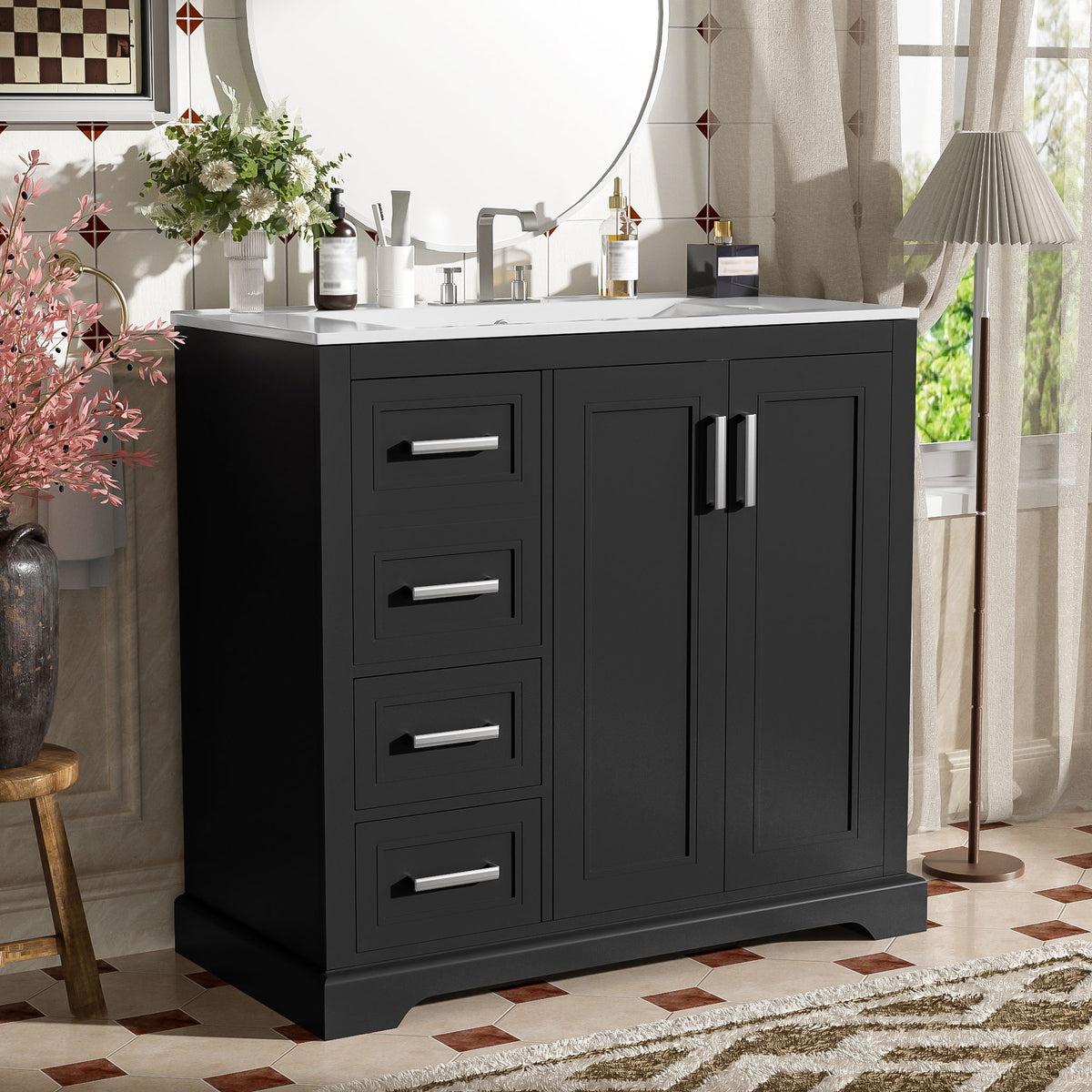 Bathroom Vanity With Sink, Soft Close Doors, Adjustable Shelf & 3 Drawers