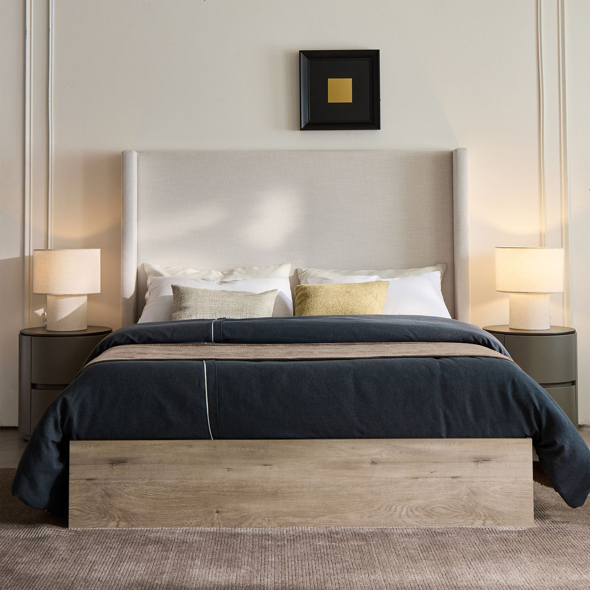 Shelton - Queen Upholstered Wingback Bed With 54" High Headboard - Ivory / Light Gray / Camel Oak