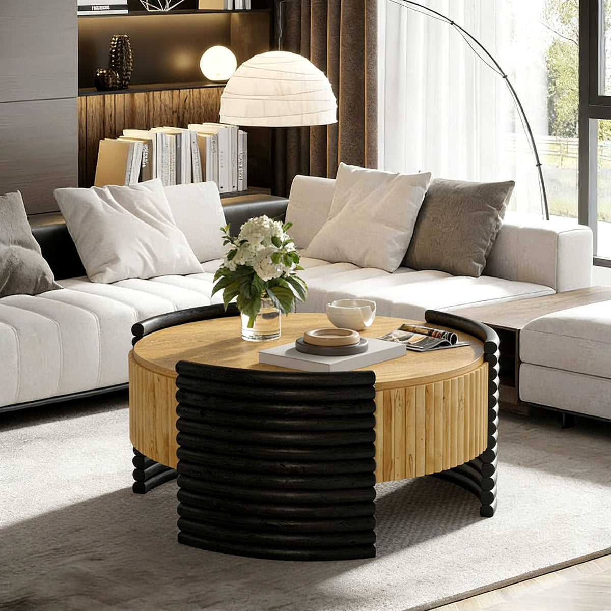 Modern Colorblocked Striped Coffee Table With Flip Top Storage
