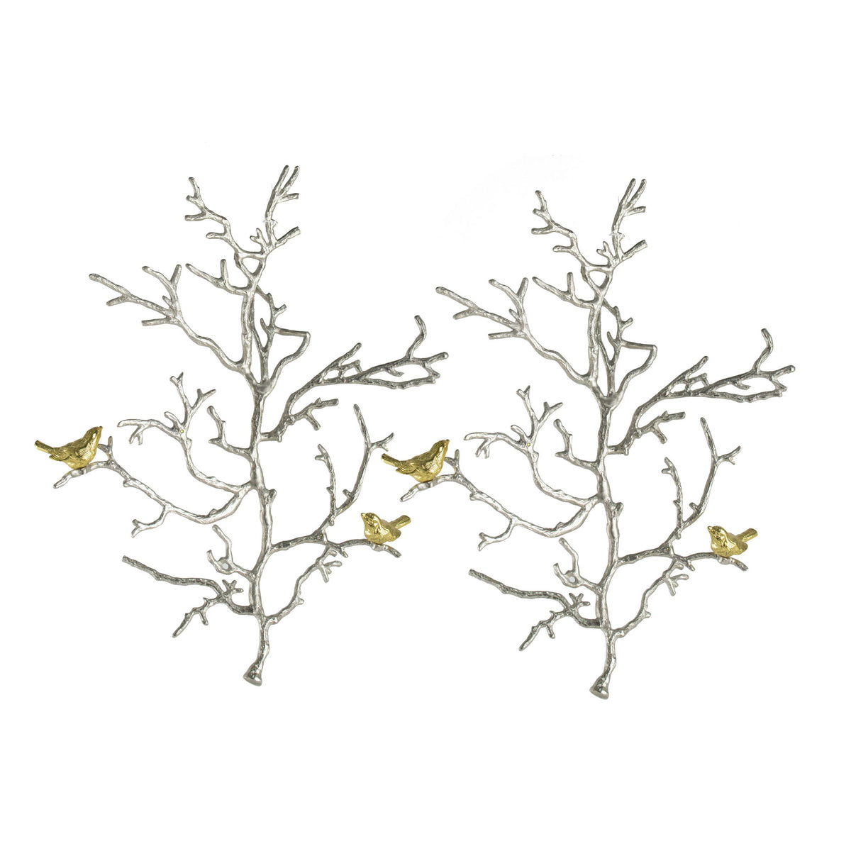 Metal Branch Wall Sculptures With Bird Accents (Set of 2) - Silver Multi