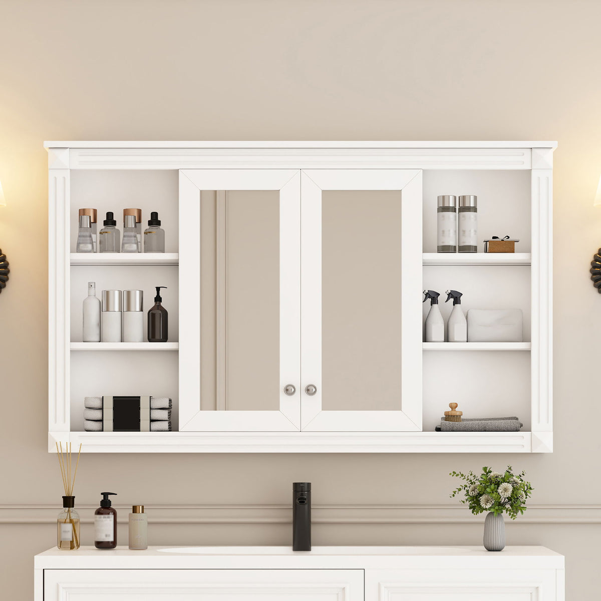 Wall-Mounted Mirror Cabinet With Adjustable Shelf And Open Shelves