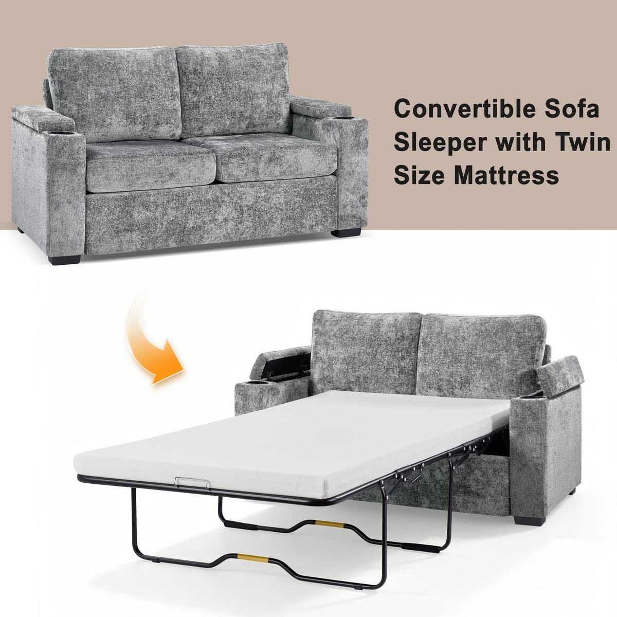 Pull Out Sofa Bed Loveseat With Twin Mattress, Cup Holders And Arm Storage