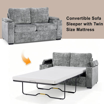 Pull Out Sofa Bed Loveseat With Twin Mattress, Cup Holders And Arm Storage
