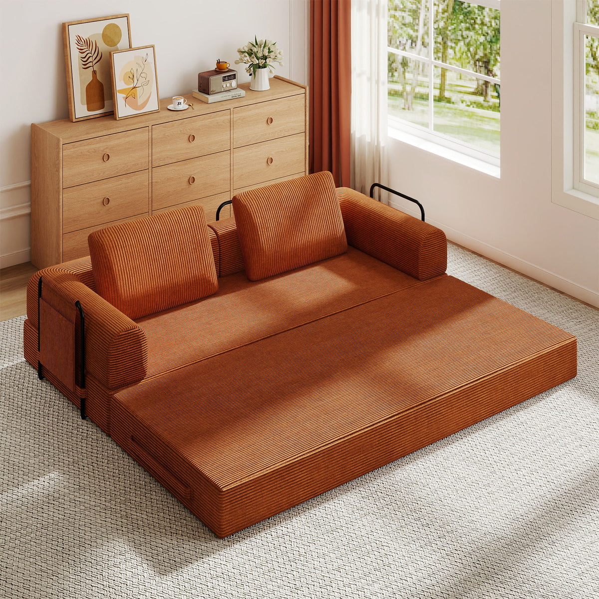 Convertible Sleeper Sofa Bed With Cylindrical Pillow, Fixed Shape Frame