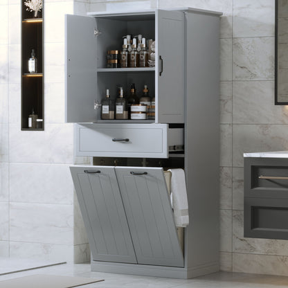 Modern Bathroom Storage Cabinet With Two Laundry Baskets, One Drawer, Adjustable Shelf