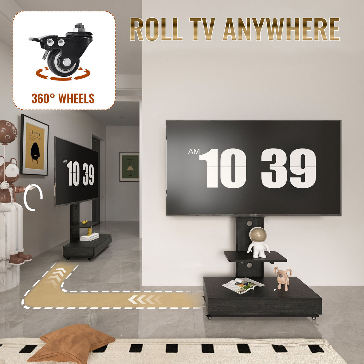 Mobile TV Cart With Push Pull Drawer, Lockable Wheels