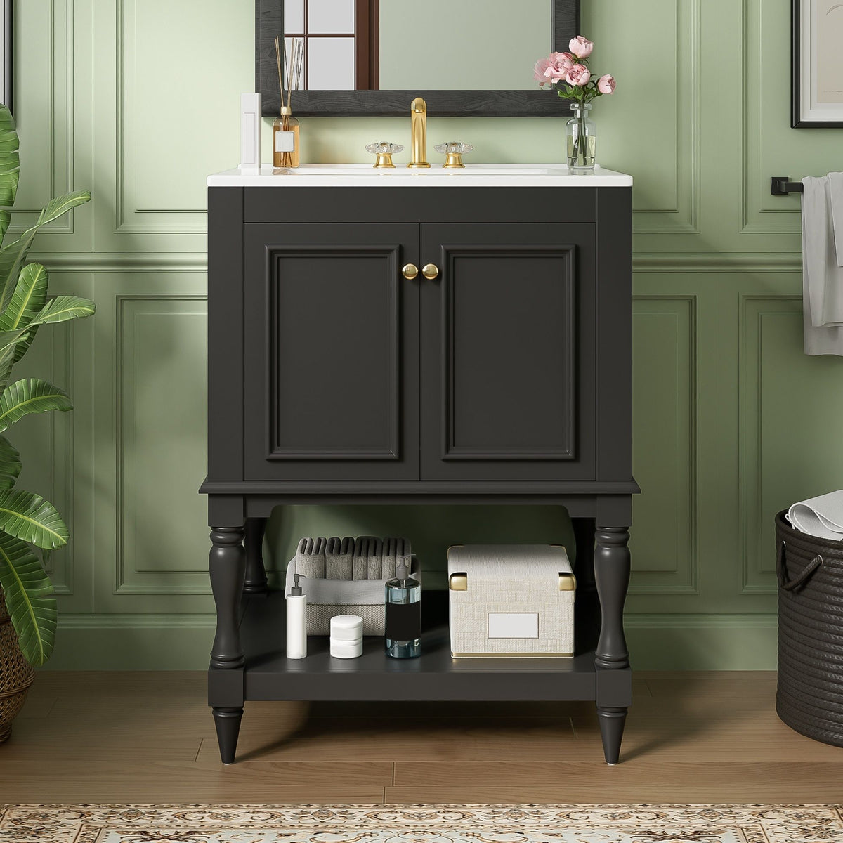 Modern Bathroom Vanity With Sink, Rectangular Cabinet With Open Shelf And Closed Storage