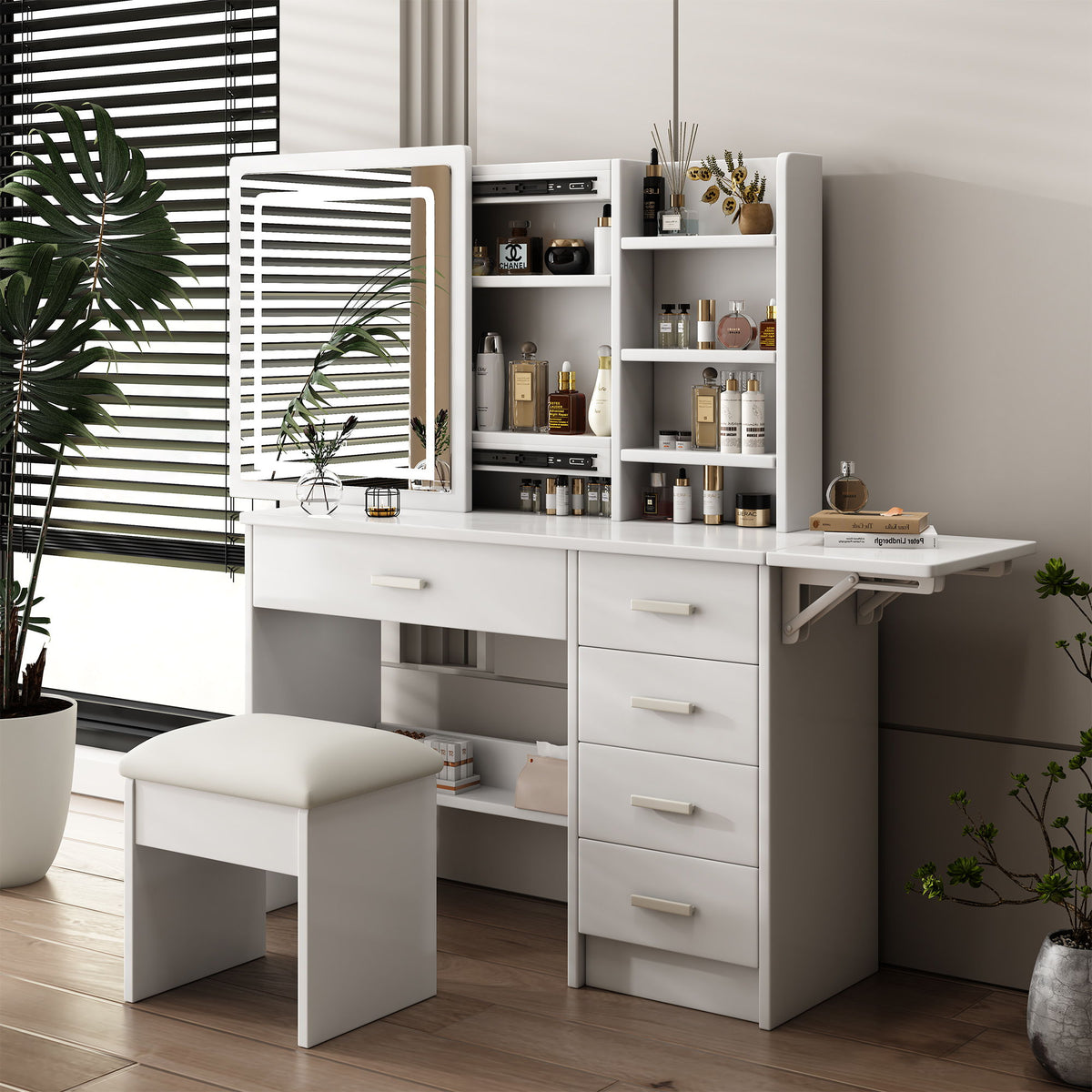 Fashion Vanity Desk With Mirror And Lights For Makeup, 5 Drawers, Adjustable Lighting - White