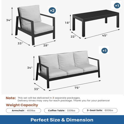 5 Seat Outdoor Patio Furniture Set, Thick Cushions & Coffee Table - Black / Gray