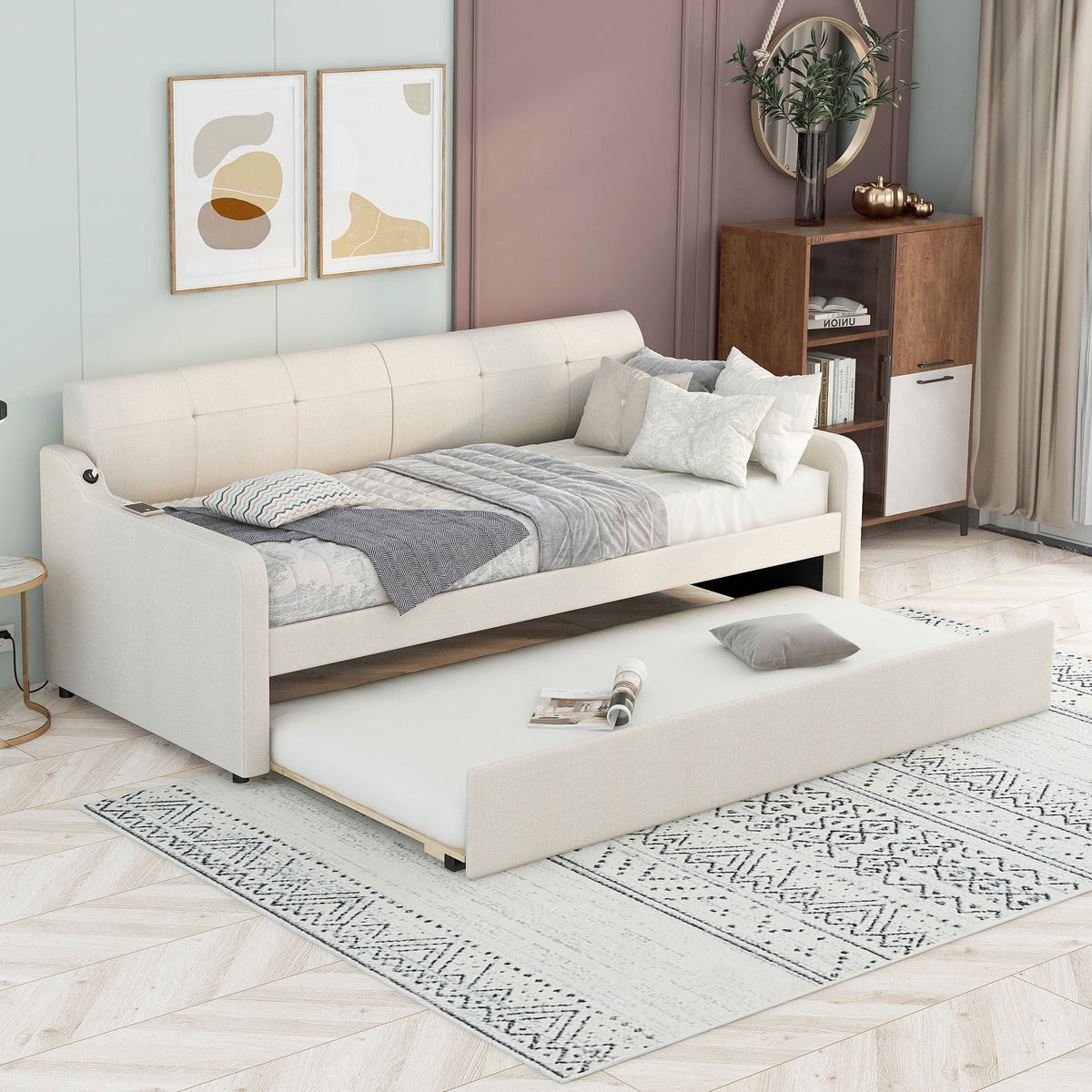 Upholstered Daybed With Trundle And USB Charging