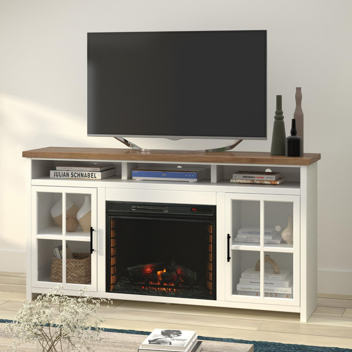 Fireplace TV Stand Console & Fixed Shelves