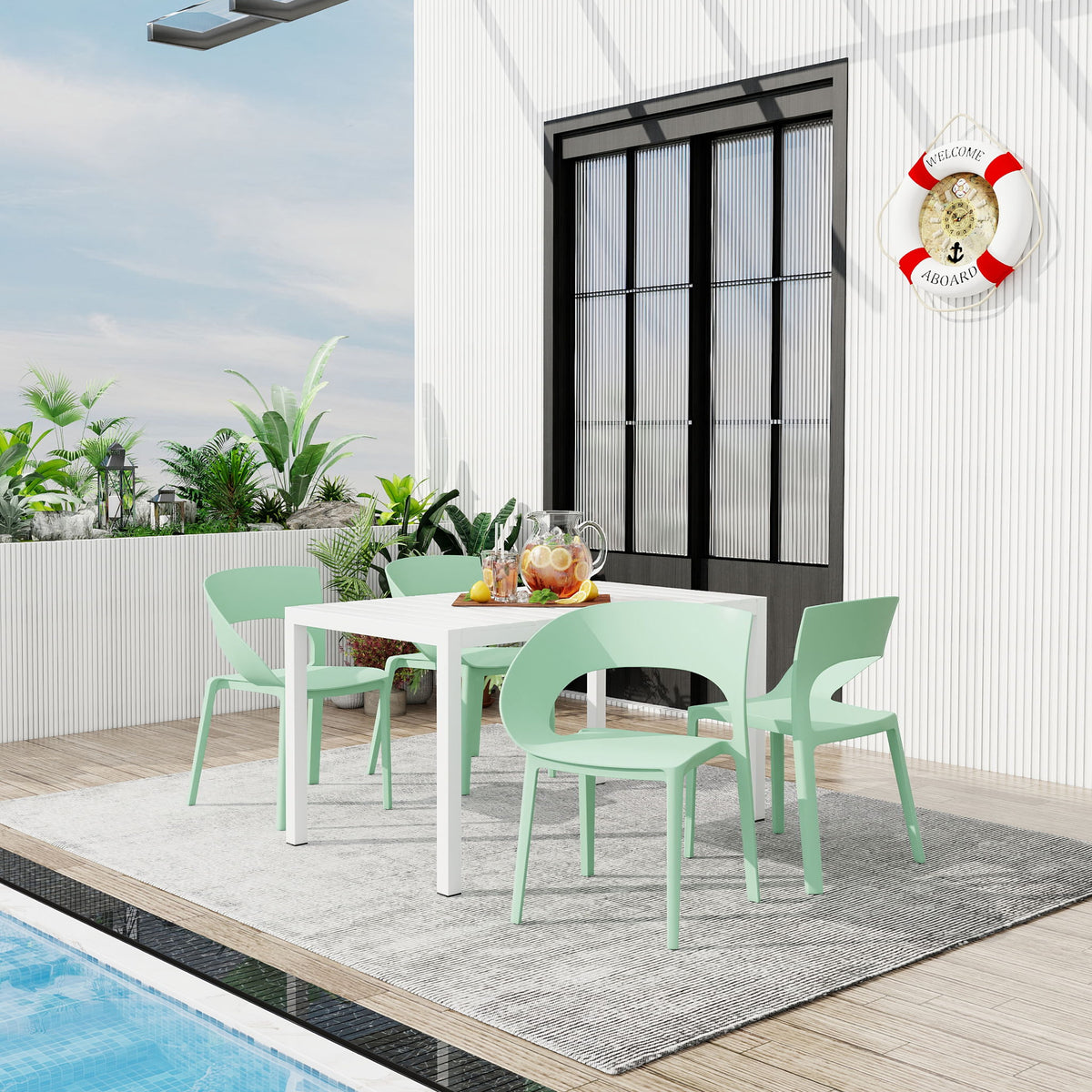 4 Piece Set Of Modern Designed Single Chairs With Long Table