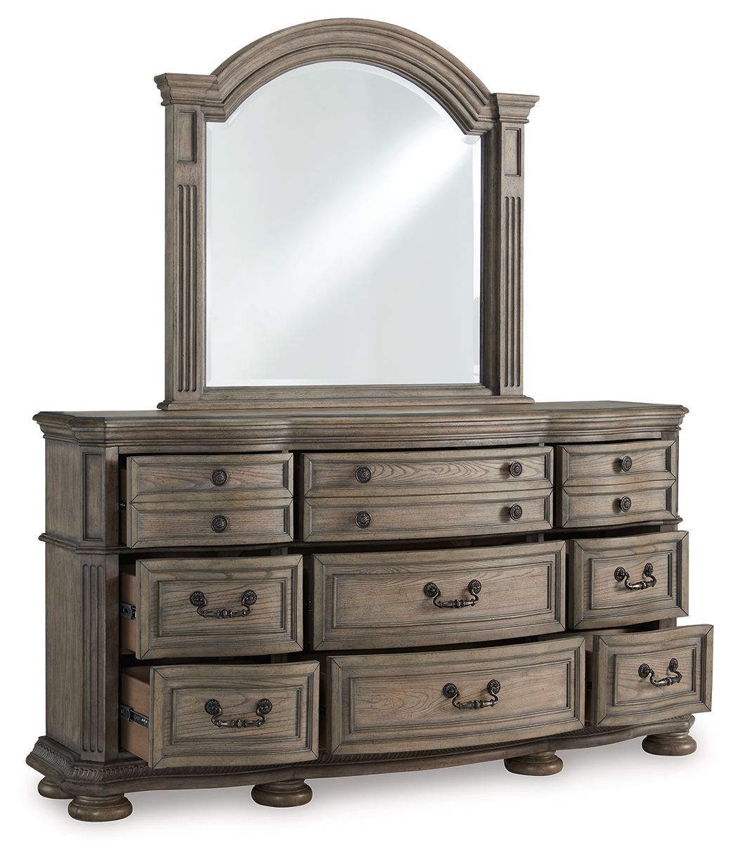 Ardenfield - 3 Pc. - Dresser, Mirror, California King Upholstered Sleigh Bed - Light Brown