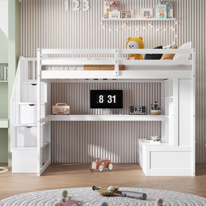 Full Size Loft Bed With Desk And Shelves, 2 Built In Drawers, Storage Staircase - White